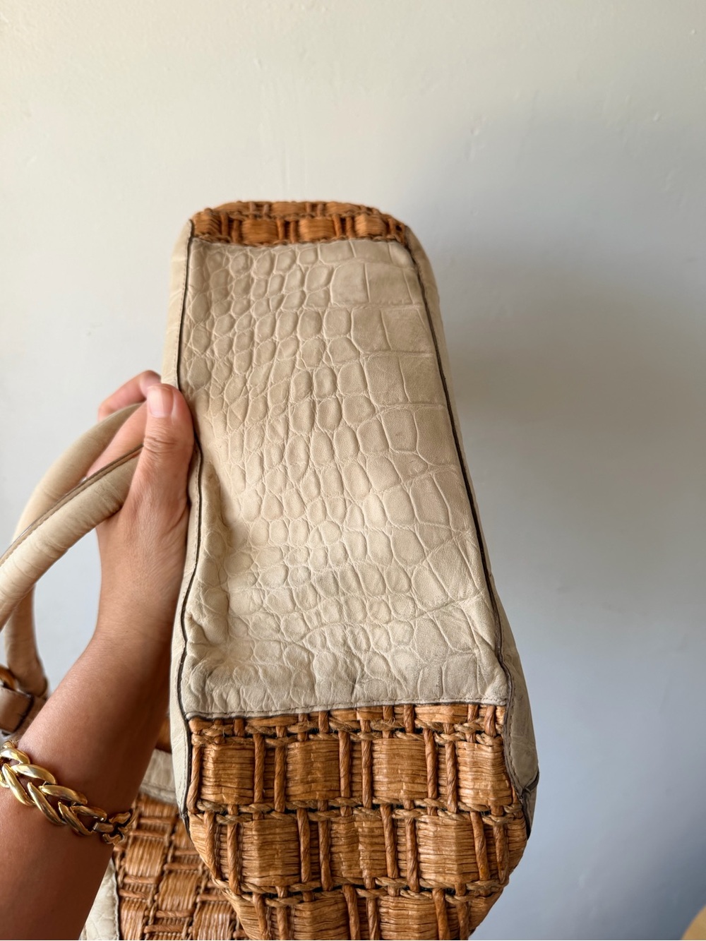 Brahmin Woven Straw Tote with Cream Leather Trim embossed croc - Picture 10 of 12